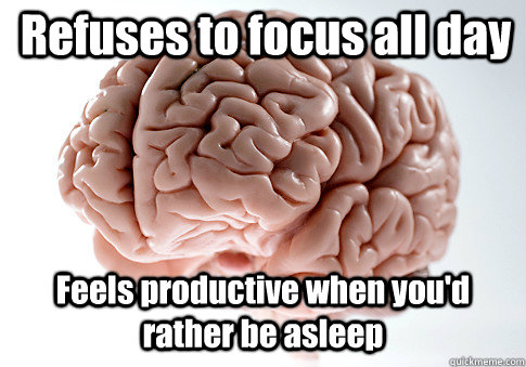 Refuses to focus all day Feels productive when you'd rather be asleep   Scumbag Brain