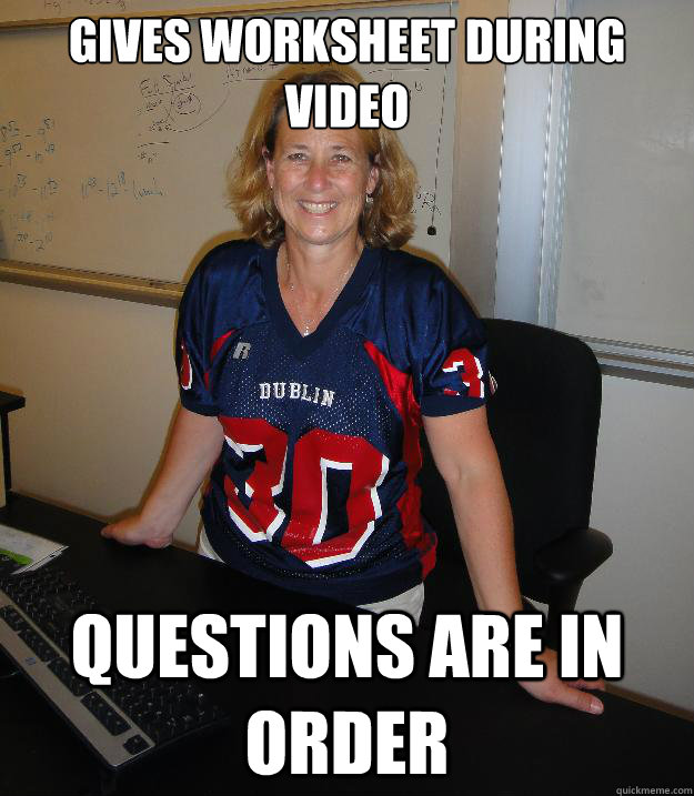 Gives worksheet during video Questions are in order  Helpful High School Teacher