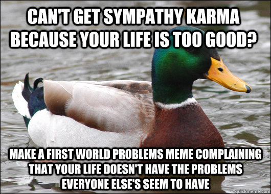 Can't get sympathy karma because your life is too good? make a first world problems meme complaining that your life doesn't have the problems everyone else's seem to have - Can't get sympathy karma because your life is too good? make a first world problems meme complaining that your life doesn't have the problems everyone else's seem to have  Actual Advice Mallard