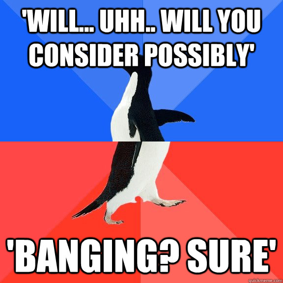 'Will... uhh.. will you consider possibly' 'Banging? Sure'  Socially Awkward Awesome Penguin