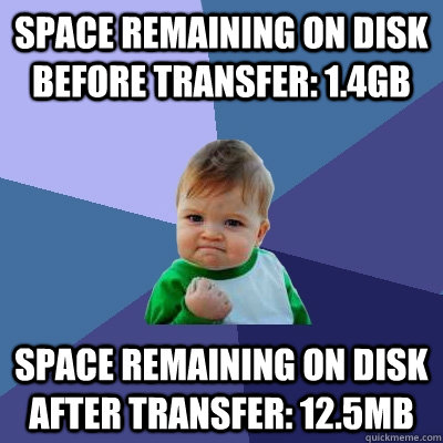 Space remaining on disk before transfer: 1.4gb space remaining on disk after transfer: 12.5mb  Success Kid