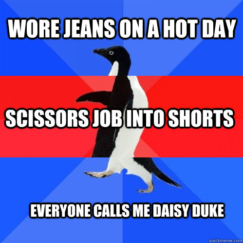 WORE JEANS ON A HOT DAY SCISSORS JOB INTO SHORTS EVERYONE CALLS ME DAISY DUKE  Socially Awkward Awesome Awkward Penguin