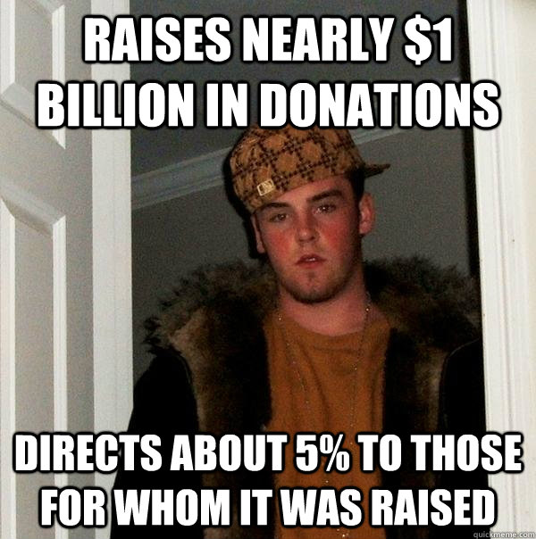 Raises nearly $1 billion in donations Directs about 5% to those for whom it was raised  Scumbag Steve