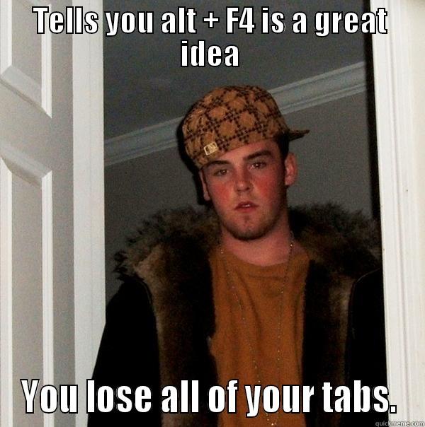TELLS YOU ALT + F4 IS A GREAT IDEA YOU LOSE ALL OF YOUR TABS. Scumbag Steve