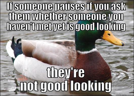IF SOMEONE PAUSES IF YOU ASK THEM WHETHER SOMEONE YOU HAVEN'T MET YET IS GOOD LOOKING THEY'RE NOT GOOD LOOKING Actual Advice Mallard