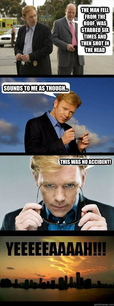 The man fell from the roof, was stabbed six times and then shot in the head sounds to me as though... this was no accident! - The man fell from the roof, was stabbed six times and then shot in the head sounds to me as though... this was no accident!  Horatio Caine