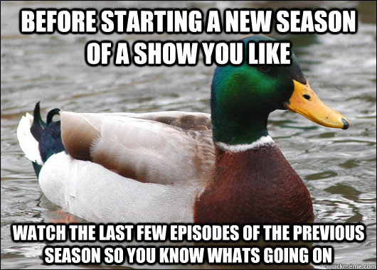 Before starting a new season of a show you like watch the last few episodes of the previous season so you know whats going on  Actual Advice Mallard