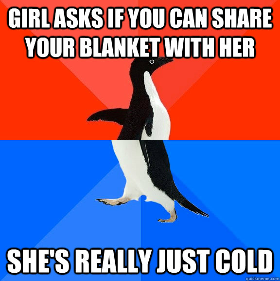 girl asks if you can share your blanket with her she's really just cold  Socially Awesome Awkward Penguin