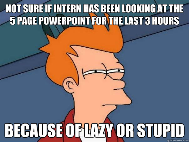 Not sure if intern has been looking at the 5 page powerpoint for the last 3 hours because of lazy or stupid  Futurama Fry