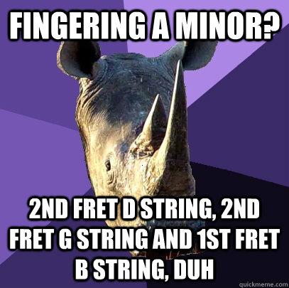 fingering a minor? 2nd fret d string, 2nd fret g string and 1st fret b string, duh   Sexually Oblivious Rhino