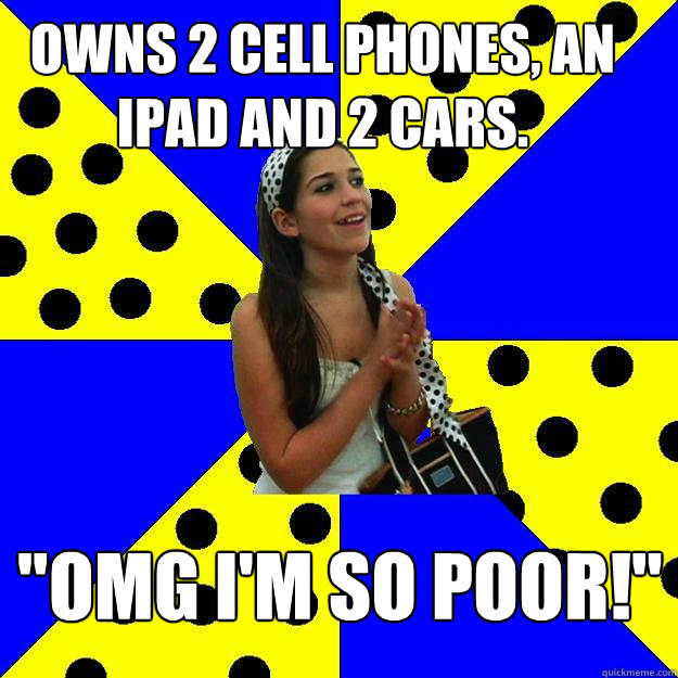 Owns 2 cell phones, an iPad and 2 cars. 