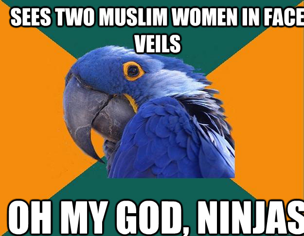 Sees two muslim women in face veils Oh my god, Ninjas  Paranoid Parrot