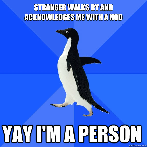 Stranger walks by and 
acknowledges me with a nod yay I'm a person    Socially Awkward Penguin