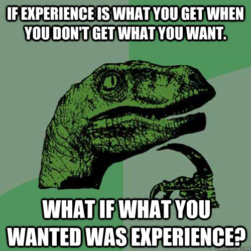 IF experience is what you get when you don't get what you want. What if what you wanted was experience? - IF experience is what you get when you don't get what you want. What if what you wanted was experience?  Philosoraptor