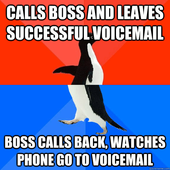 calls boss and leaves successful voicemail boss calls back, watches phone go to voicemail - calls boss and leaves successful voicemail boss calls back, watches phone go to voicemail  Socially Awesome Awkward Penguin