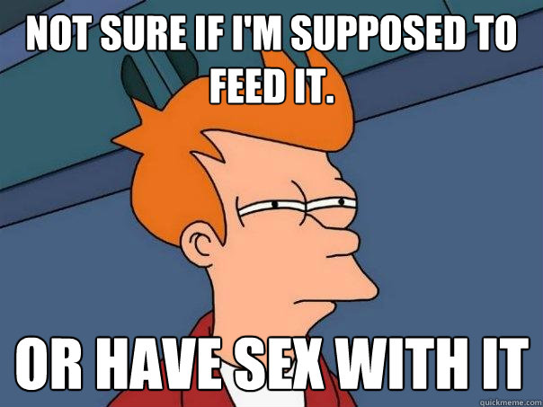 not sure if i'm supposed to feed it. Or have sex with it - not sure if i'm supposed to feed it. Or have sex with it  Futurama Fry