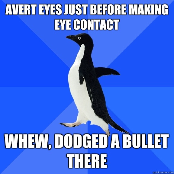 Avert eyes just before making eye contact Whew, dodged a bullet there   Socially Awkward Penguin