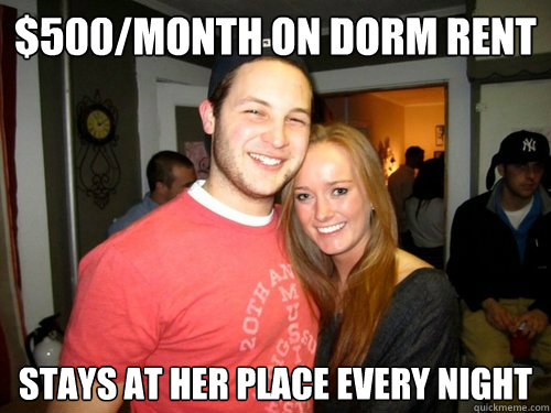 $500/month on dorm rent stays at her place every night - $500/month on dorm rent stays at her place every night  Freshman Couple