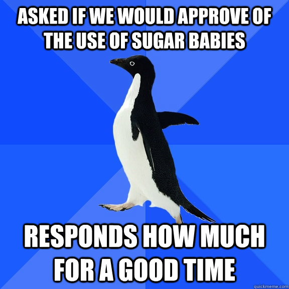 ASKED IF WE WOULD APPROVE OF THE USE OF SUGAR BABIES RESPONDS HOW MUCH FOR A GOOD TIME  Socially Awkward Penguin