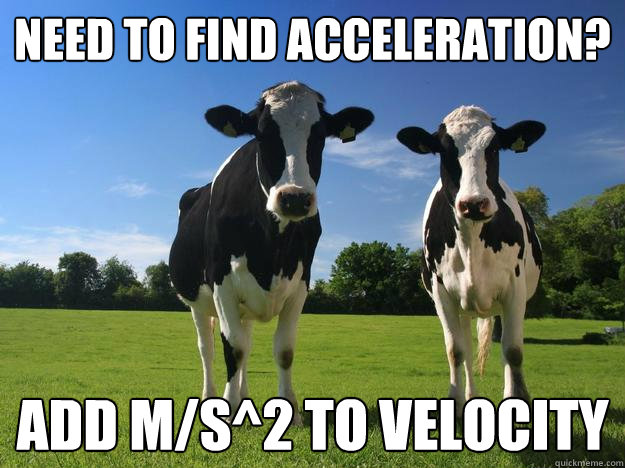 Need to find acceleration? add m/s^2 to velocity - Need to find acceleration? add m/s^2 to velocity  Physics Cow