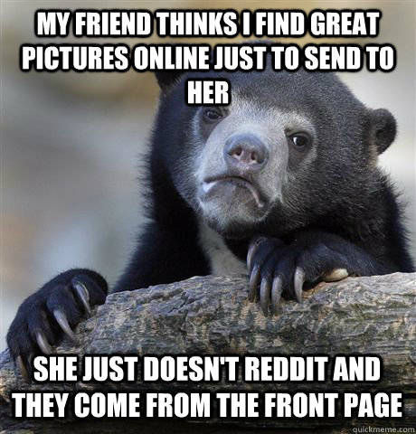 my friend thinks I find great pictures online just to send to her she just doesn't reddit and they come from the front page  Confession Bear