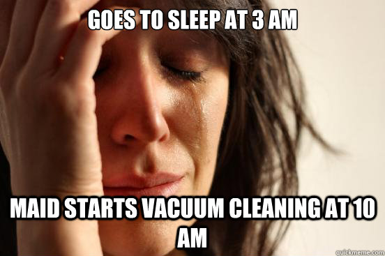 Goes to sleep at 3 am maid starts vacuum cleaning at 10 am  First World Problems