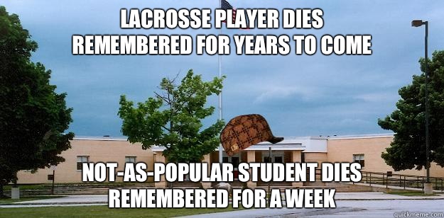 LACROSSE PLAYER DIES
REMEMBERED FOR YEARS TO COME NOT-AS-POPULAR STUDENT DIES 
REMEMBERED FOR A WEEK - LACROSSE PLAYER DIES
REMEMBERED FOR YEARS TO COME NOT-AS-POPULAR STUDENT DIES 
REMEMBERED FOR A WEEK  Scumbag School