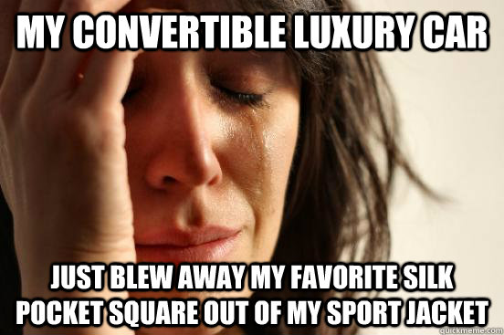 My convertible luxury car just blew away my favorite silk pocket square out of my sport jacket  First World Problems