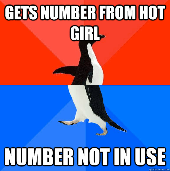 gets number from hot girl number not in use  Socially Awesome Awkward Penguin