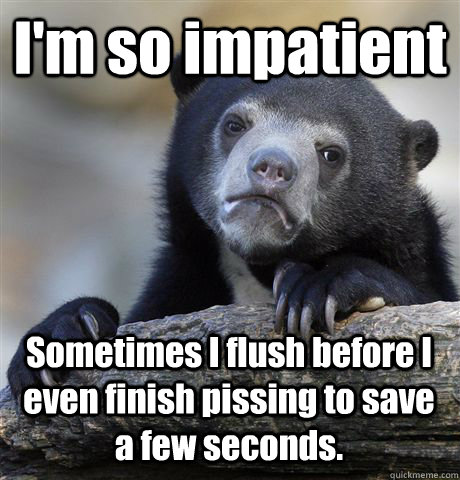 I'm so impatient Sometimes I flush before I even finish pissing to save a few seconds. - I'm so impatient Sometimes I flush before I even finish pissing to save a few seconds.  Confession Bear
