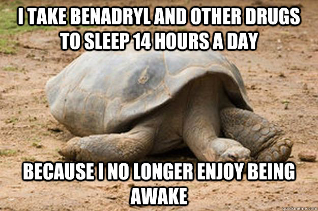 I take benadryl and other drugs to sleep 14 hours a day Because I no longer enjoy being awake  Depression Turtle