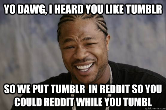 Yo Dawg, I heard you like Tumblr So we put Tumblr  in Reddit so you could Reddit While you Tumbl  YO DAWG