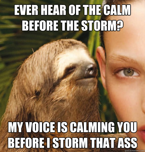 Ever hear of the calm before the storm? my voice is calming you before I storm that ass  Whispering Sloth