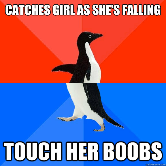 Catches girl as she's falling Touch her boobs  Socially Awesome Awkward Penguin