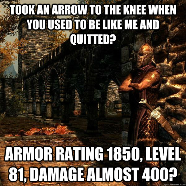 Took an arrow to the knee when you used to be like me and quitted? armor rating 1850, level 81, damage almost 400?  