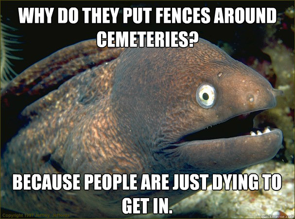 Why do they put fences around cemeteries? Because people are just dying to get in.  Bad Joke Eel