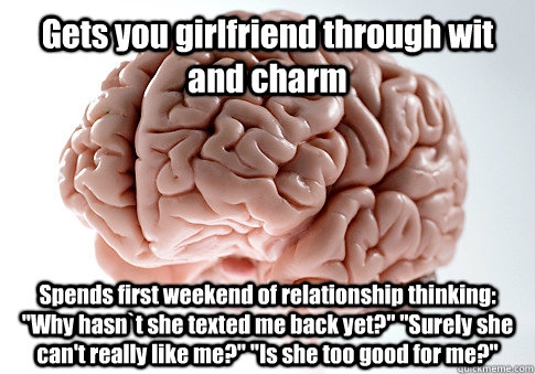 Gets you girlfriend through wit and charm Spends first weekend of relationship thinking: 