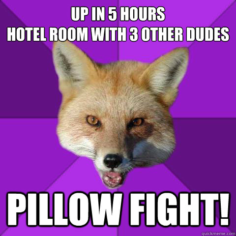 Up in 5 hours
hotel room with 3 other dudes pillow fight!  Forensics Fox