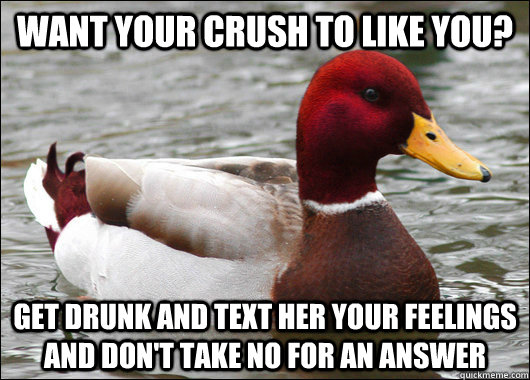 Want your crush to like you? Get drunk and text her your feelings and don't take no for an answer  Malicious Advice Mallard