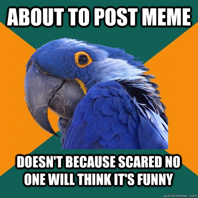 About to post meme doesn't because scared no one will think it's funny  Paranoid Parrot