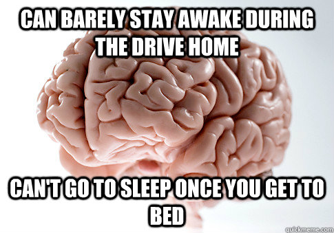 can barely stay awake during the drive home can't go to sleep once you get to bed  Scumbag Brain