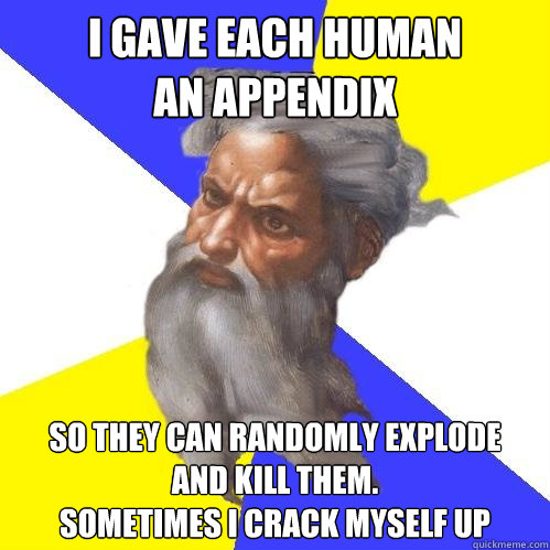 i gave each human
an appendix  so they can randomly explode
and kill them.
Sometimes I crack myself up  Advice God