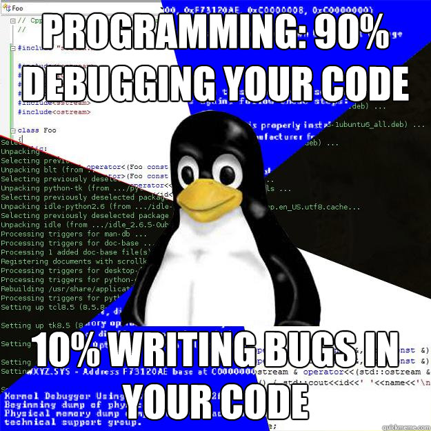 Programming: 90% debugging your code 10% writing bugs in your code  Computer Science Penguin