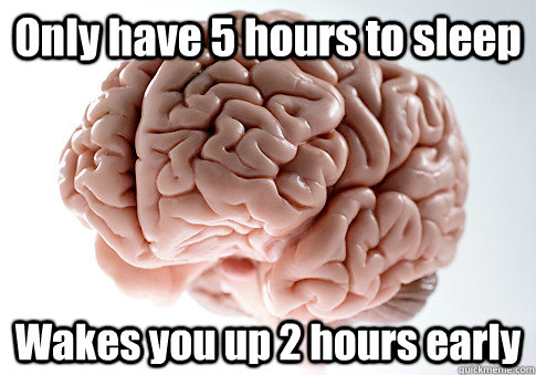 Only have 5 hours to sleep Wakes you up 2 hours early   Scumbag Brain