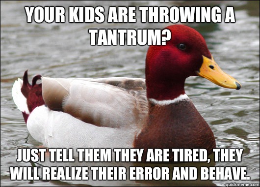 Your kids are throwing a tantrum? Just tell them they are tired, they will realize their error and behave.  Malicious Advice Mallard
