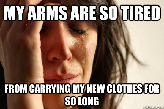 mY ARMS ARE SO TIRED FROM CARRYING MY NEW CLOTHES FOR SO LONG  First World Problems