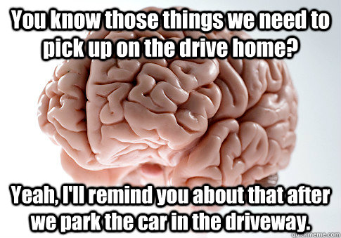 You know those things we need to pick up on the drive home? Yeah, I'll remind you about that after we park the car in the driveway.  Scumbag Brain