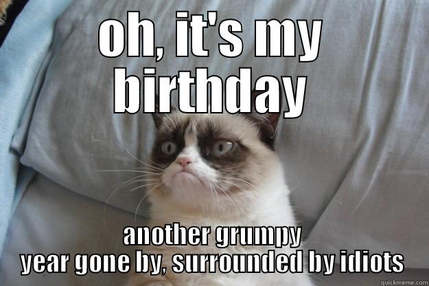 Grumpy Cat's Birthday - OH, IT'S MY BIRTHDAY ANOTHER GRUMPY YEAR GONE BY, SURROUNDED BY IDIOTS Grumpy Cat