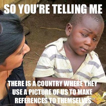 So you're telling me There is a country where they use a picture of us to make references to themselves - So you're telling me There is a country where they use a picture of us to make references to themselves  3rd world sceptical kid