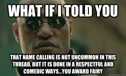 What if i told you That name calling is not uncommon in this thread, but it is done in a respectful and comedic ways...you award fairy - What if i told you That name calling is not uncommon in this thread, but it is done in a respectful and comedic ways...you award fairy  Morpheus - Best Meme